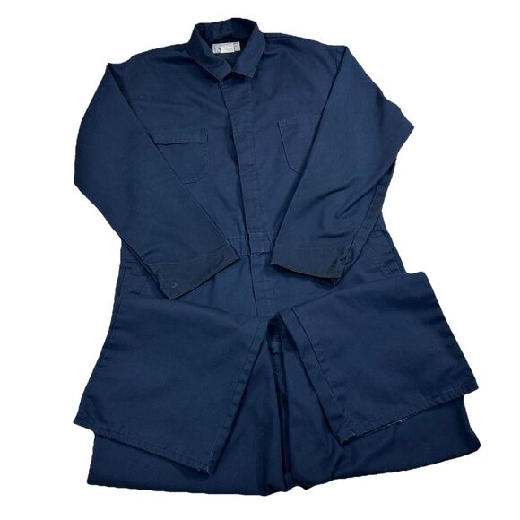 Vintage Roebucks Coverall Mens 50R Collared Snap Button Zip Pocket USA Blue - Picture 1 of 16
